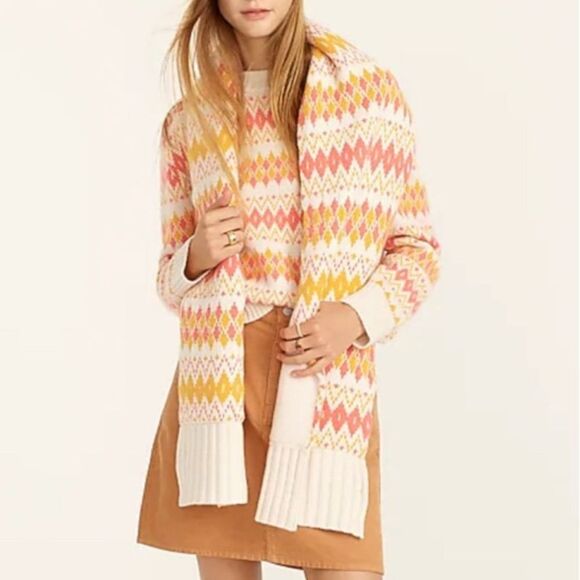 J. Crew 100% Cashmere Fair Isle Pink Orange Ivory Oversized Scarf NWT - Picture 1 of 7